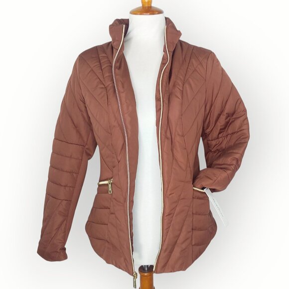 Kenneth Cole Quilted Puffer Jacket Size Medium Pecan Gold Zipper Retro NWT - Picture 3 of 11